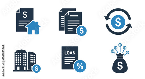 Finance business loan icons set vector blue - Glyph solid icon - Editable modern style icon - Modern style icon - Blue icon set