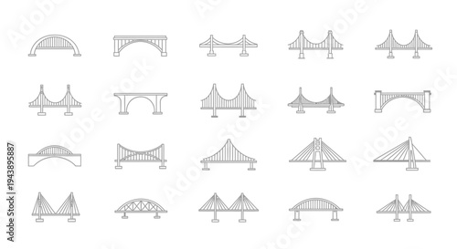 Minimalist flat vector illustration set of bridge icons arranged in a clean grid layout.