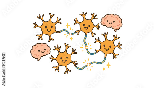 Neuron cartoon illustration with smiling faces and brain connections