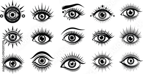 A collection of diverse mystical eye vector illustrations featuring various stylized designs with long lashes and symbolic elements, perfect for spiritual or occult themed graphic projects.