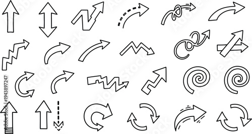 Collection of  doodle style vector graphic arrows showing various directions movement and abstract directionality concepts
