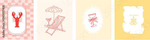 summer-themed vector illustrations in a trendy, hand-drawn aesthetic. These designs are part of a larger collection often used for Mediterranean-style posters, cards, or social media content. 