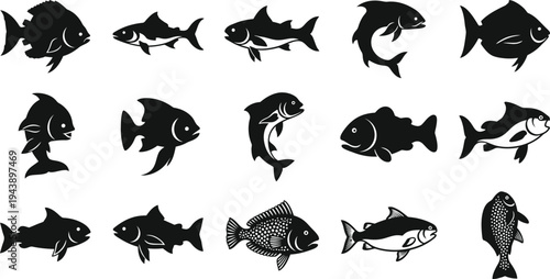 Collection of diverse fish silhouette vector illustrations representing various aquatic species for seafood design concepts