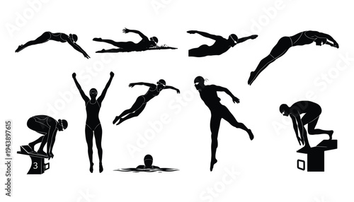 Set of Woman Swimmer Silhouette Icons Freestyle Stroke Action