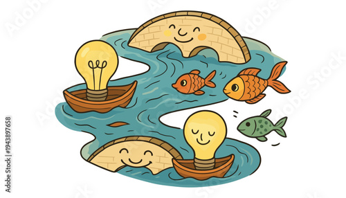 A cartoon lightbulb boat sailing on a river with smiling bridges and fish