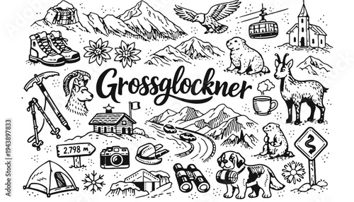 Grossglockner mountain illustration with various hiking and travel icons