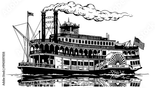 A steamboat illustration with a paddle wheel and smokestacks on the water