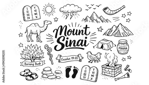 Mount Sinai illustration with biblical symbols and icons in black and white