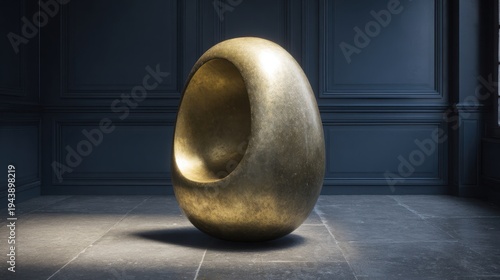 Polished bronze egg-shaped sculpture with rich patina and an inviting hollow interior, presented in a sophisticated setting.