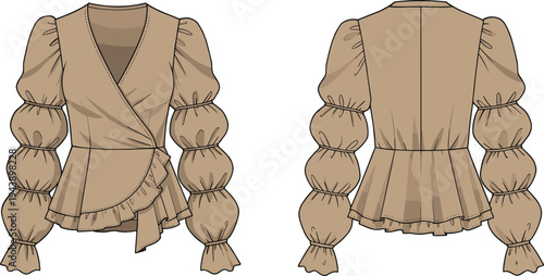 Cad drawing flat vector illustration of ruffle wrap top with tiered puff sleeves and peplum hem, front and back view, fashion template