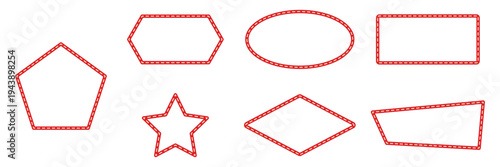 Set of marquee sign board frames with red dotted lines including star pentagon hexagon oval rectangle diamond. Trapezoid shapes for cinema theater and circus promotion vector illustration.