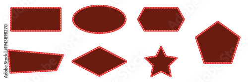Set of dark red marquee sign board frames with dashed borders including rectangle oval hexagon pentagon star diamond. Trapezoid shapes for cinema theater and vintage promotion vector illustration.