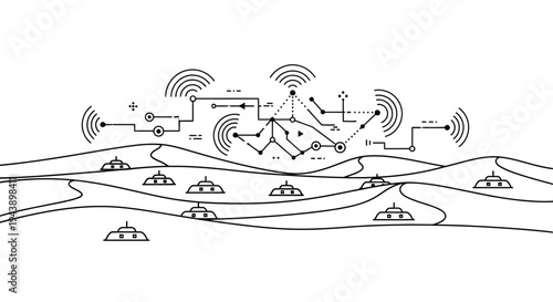 Abstract Network Connection in Desert Landscape with Futuristic Domes