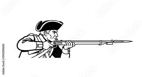 American Revolutionary War soldier aiming a musket with bayonet, historical illustration