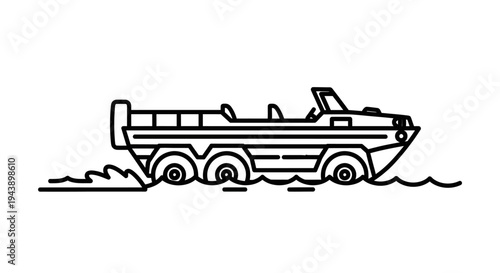 Amphibious Vehicle Icon: All-Terrain Six-Wheeled Car Driving on Water