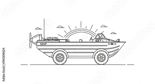 Amphibious Vehicle Line Art: All-Terrain Transport with Propeller and Wheels