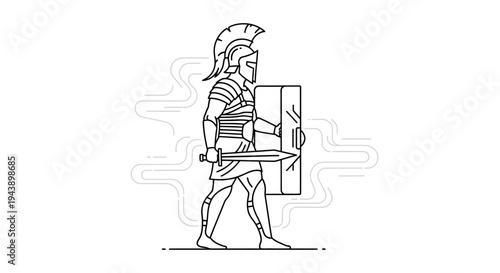 Ancient Roman soldier walking with sword and shield, minimalist line art illustration