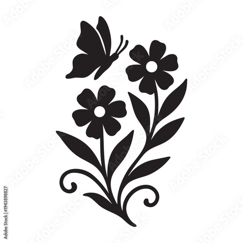 A striking black silhouette vector graphic illustration depicting a graceful monarch butterfly in mid-flight, delicately positioned above two intricately detailed stylized blooming flowers adorned wit