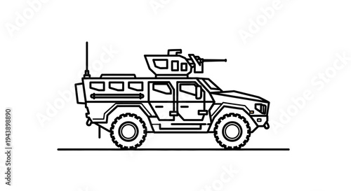 Armored Military Vehicle with Machine Gun - Line Art Illustration