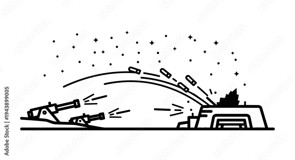 Naklejka premium Artillery Battle: Cannons Firing Shells at Fort Under Starry Night Sky
