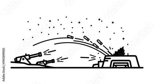 Artillery Battle: Cannons Firing Shells at Fort Under Starry Night Sky