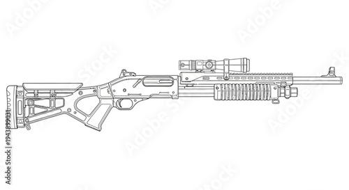 Assault Rifle with Grenade Launcher and Scope - Line Drawing Illustration