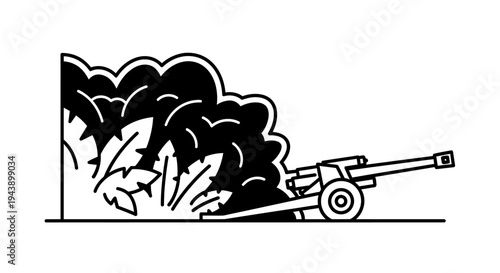 Artillery gun firing, explosion, smoke, and debris, military, war, battle scene