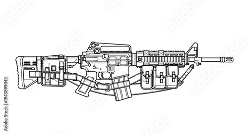 Assault Rifle with Tactical Gear and Magazine Pouch - Line Art Illustration