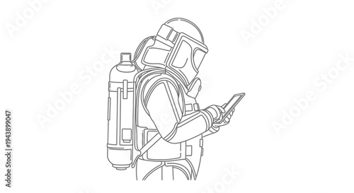 Astronaut in protective suit using smartphone, futuristic space exploration concept, line art