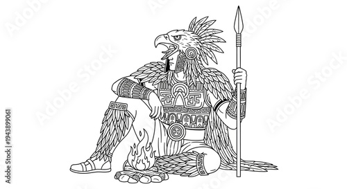 Aztec Warrior Eagle Warrior Sitting with Spear and Fire, Ancient Mesoamerican Culture