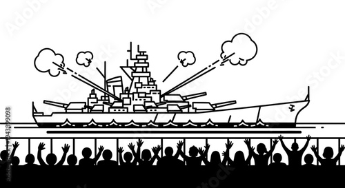 Battleship Firing Guns with Crowd Watching
