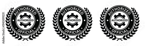 Official Authorized Dealer Badge Set with Laurel Wreath and Gear Icon for Product Warranty Verification, Quality Assurance, and Business Certification Seals