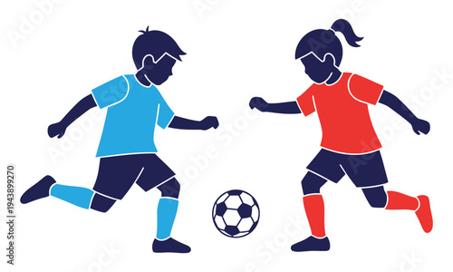 Two children playing soccer with a ball