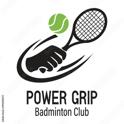 Power Grip Badminton Club Logo Featuring a Hand Holding a Racket with a Shuttlecock for Sports Training and Athletic Community Branding