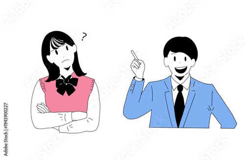 悩む女性と笑顔で解説する男性のイラスト（学生・ビジネスマン）　Q&Aと解決　手書き素材
