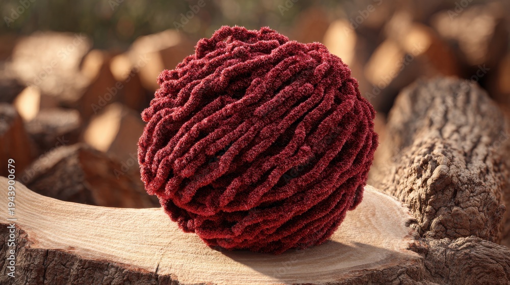 Fototapeta premium Close-up of a deep red, fuzzy textured ball of yarn resting on a rustic wooden surface