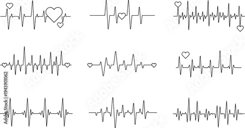 Heartbeat line art collection, heart rate monitor vector, ECG graphic set, love heartbeat designs, medical pulse clipart symbols.