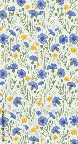 Watercolor Meadow: Blue Blooms & Golden Accents