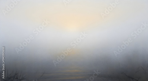 Atmospheric landscape painting of sunrise over misty water with soft hazy light effects art