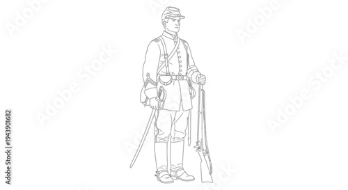 Civil War Union Soldier Standing with Rifle and Sword, Historical Illustration