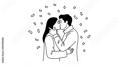 Couple Kissing Under Falling Confetti, Romantic Black and White Line Art Illustration
