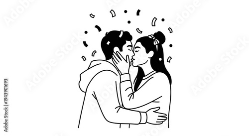 Couple kissing passionately under falling confetti, celebrating love and romance