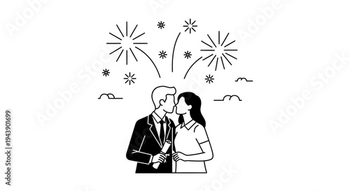 Couple kissing under fireworks, celebrating love and new beginnings