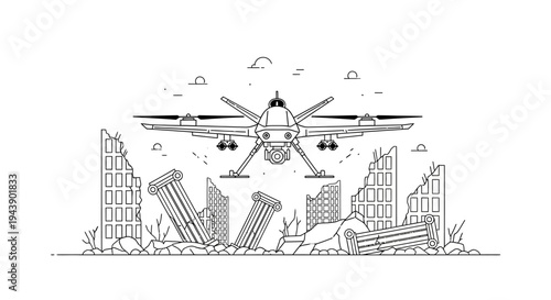Drone flying over destroyed city ruins, war aftermath, surveillance concept