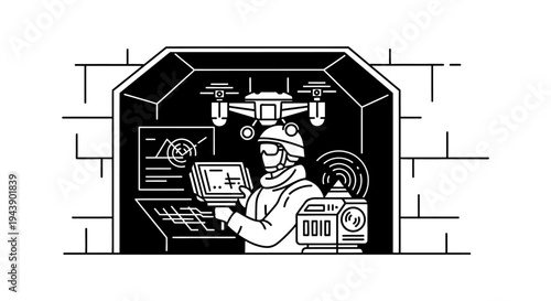 Drone operator in control room with screens and drone overhead, futuristic technology concept