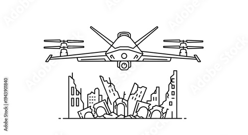 Drone Over Destroyed Cityscape, War Surveillance, Military Technology