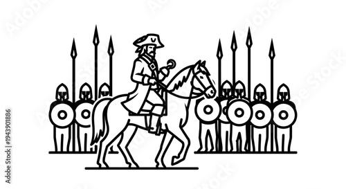 Equestrian Leader with Guard Escort, Historical Military Scene, Black and White Line Art