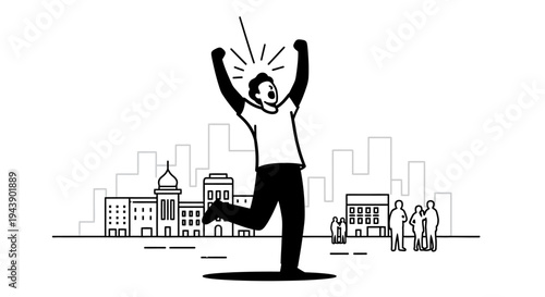 Excited Man Celebrating Success in City with Arms Raised High