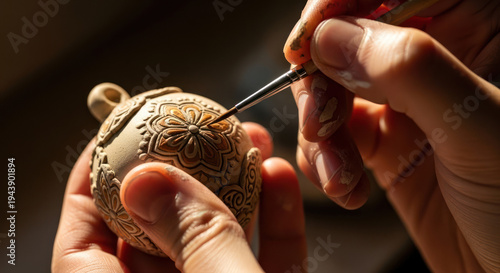 Close-up of hands painting intricate designs on a small ceramic object with a brush.
