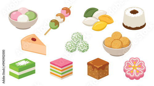 A vibrant collection of diverse Asian desserts and sweets, showcasing a variety of textures, colors, and shapes, presented in a clean, illustrative style.